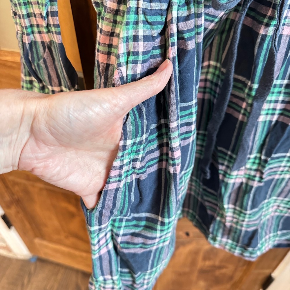 Lands' End Shirt Dress Women 14P Blue Green Plaid Cotton Drawstring Waist Pocket - Picture 8 of 11